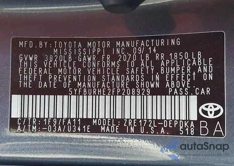 2015 Toyota Corolla L from USA, damaged, VIN 5YFBURHE2FP208929